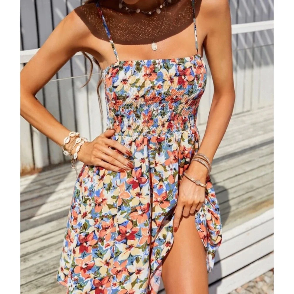 SOLD OUT Multi Color Tropical Floral Smocked Cami Tank Casual Summer Mini Dress - Picture 2 of 5